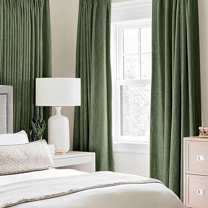 MIULEE 100% Blackout Linen Textured Curtains for Bedroom Solid Thermal Insulated Olive Green Grommet Room Darkening Curtains & Drapes Luxury Decor for Living Room Nursery 52 x 84 Inch (2 Panels)