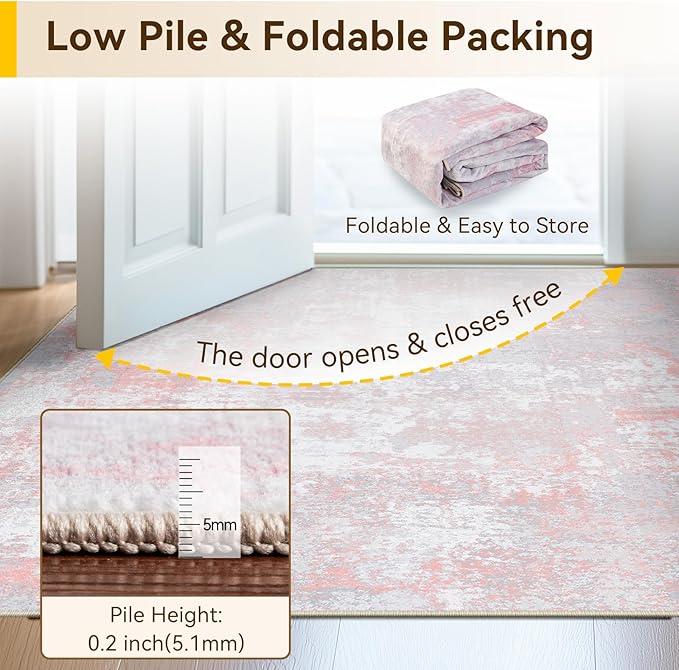 Washable Area Rugs 6'x8' Non-Slip Modern Abstract Soft for Living Room Entryway Bedroom Nursery, Print Pattern, Grey Pink