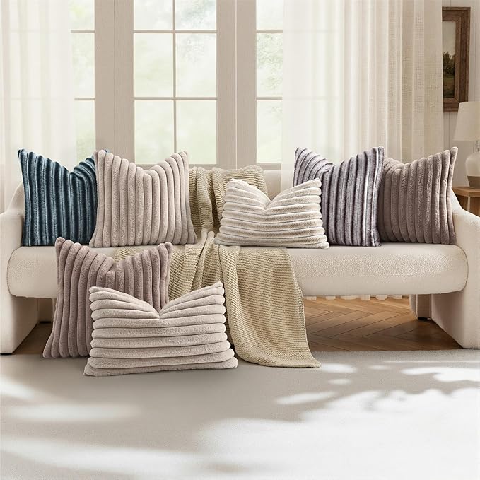 decorUhome Summer Cozy Faux Fur Throw Pillow Covers 12x20 Set of 2 Decorative Soft Plush Striped Lumbar Modern Farmhouse Boho Couch Pillow Cases with Velvet Back for Sofa Bed Living Room, Beige White