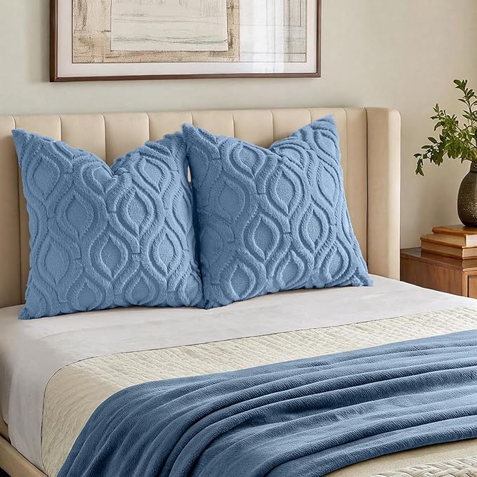 decorUhome Throw Pillow Covers 22x22 Inch Set of 2, Soft Plush Faux Wool Blue Solid Couch Pillow Covers, Accent Euro Sham Farmhouse Neutral Square Pillow Cases for Sofa Bed Living Room