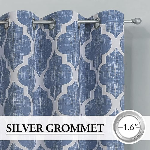 Beauoop 100% Blackout Curtains 54 Inches Long 2 Panels for Bedroom Living Room Blue Moroccan Geo Room Darkening Thermal Insulated Soundproof Grommet Top Window Treatments Drapes, 50x54 Set of 2