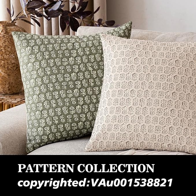 Foindtower Set of 2 Decorative Vintage Floral Print Throw Pillow Covers Neutral Modern Farmhouse Cushion Covers Boho Home Decor for Sofa Couch Chair Bedroom Living Room,24×24 Inch,Sage Green