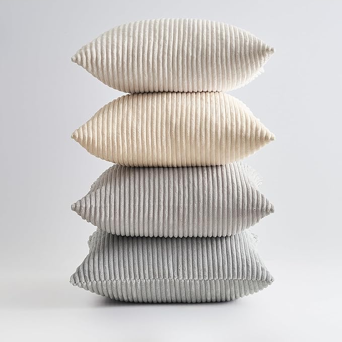 Topfinel 4 Packs Neutral Decorative Throw Pillows Covers 16x16 Inch for Living Room Couch Bed Sofa, Rustic Farmhouse Boho Neutral Home Decor, Soft Plush Striped Corduroy Square Cushion Case 40x40 cm