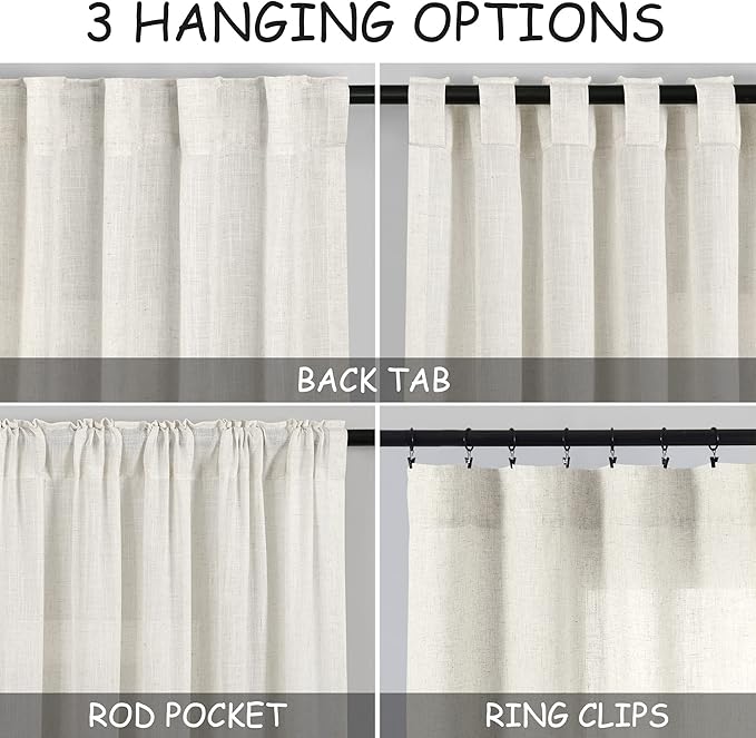Cream Linen Curtains 126 Inches Long 2 Panels Set for Living Room Extra Long Back Tab Curtain Neutral Farmhouse Light Filtering Semi Sheer Linen Drapes Ceiling to Floor for Large Window 52x126