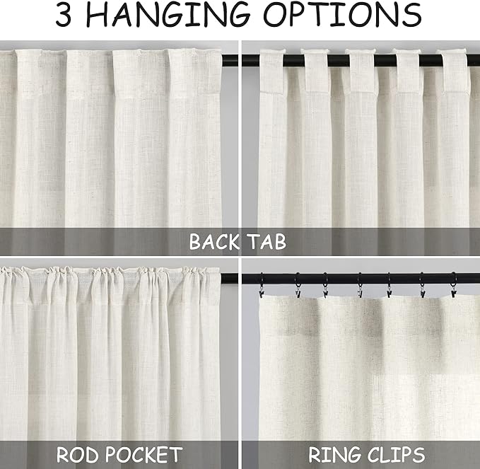 Nanspring Cream Natural Linen Curtains 47 Inch Length 2 Panels Set Boho Farmhouse Living Room Drapes Light Filtering Rod Pocket Back Tab Privacy Semi Sheer Curtains 47 Inches Long 52x47