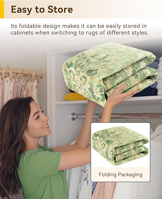 Area Rugs 6ft Washable Non-Slip, Floral Vintage Distress Print Pattern Medallion Carpet for Living Room Bedroom Dining Room, Sage Green Yellow