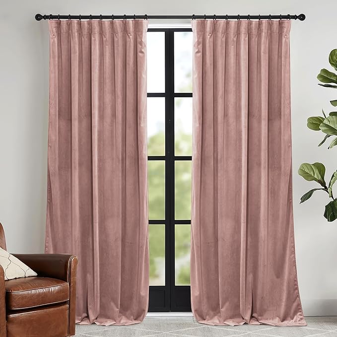 RYB HOME Dusty Pink Velvet Curtains 72 inches with Hook Belt, Soft Fabric Room Darkening Thermal Insulated Luxurious Home Decor Curtains for Living Room Bedroom, W 52" x L 72", 2 Panels Set