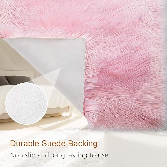LOCHAS Soft Fluffy Faux Fur Rugs for Bedroom Bedside Rug 2x3 Feet, Washable, Furry Sheepskin Area Rug for Living Room Girls Room, Luxury Shag Carpet Home Decor, Pink