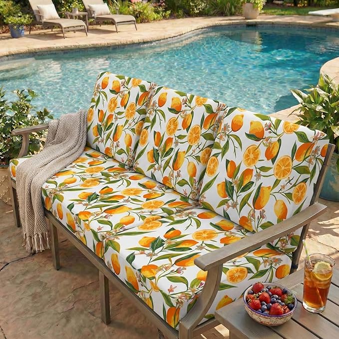 hyha Printed Couch Cushion Covers, Floral Sofa Covers Washable for 3 Cushion Couch, Stretch Pattern Outdoor Cushion Covers for Patio Furniture with Elastic Bottom(Large, Lemon)