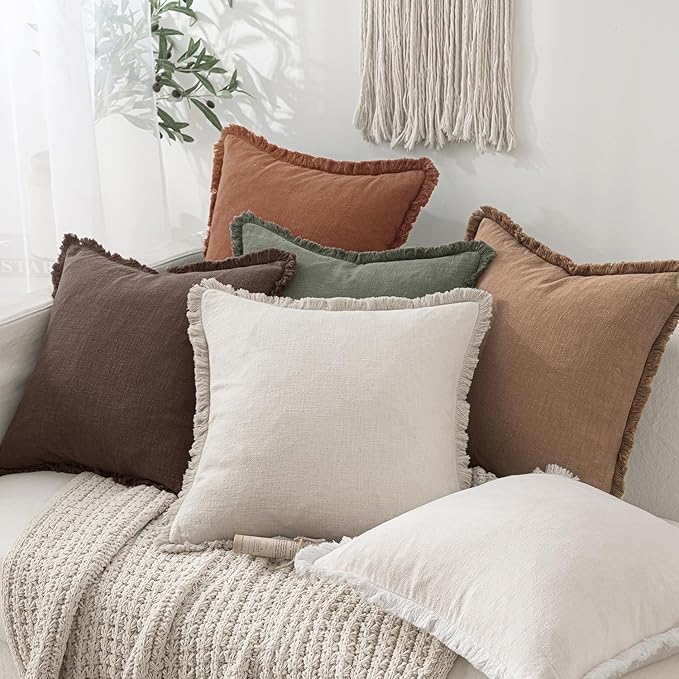 MIULEE Decorative Throw Pillow Covers Neutral Linen Fringe Throw Pillows Euro Shams Set of 2 Dark Brown Boho Farmhouse Cushion Covers for Couch Sofa Bed Living Room Spring Home Decor 26x26 Inch