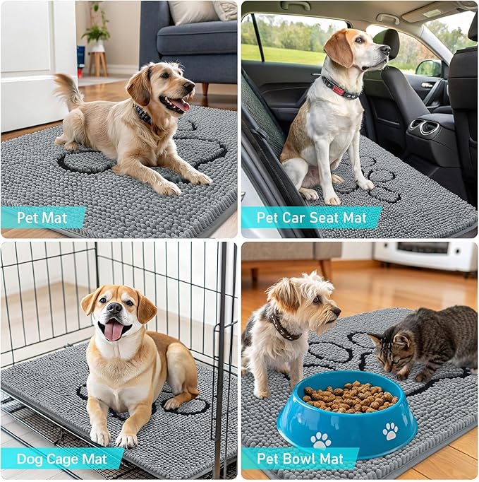 OLANLY Dog Door Mat for Muddy Paws 70x46, Paw Print Design, Absorbs Moisture and Dirt, Absorbent Non-Slip Washable Doormat, Quick Dry Chenille Mud Mat for Dogs, Entry Indoor Entryway Carpet, Grey
