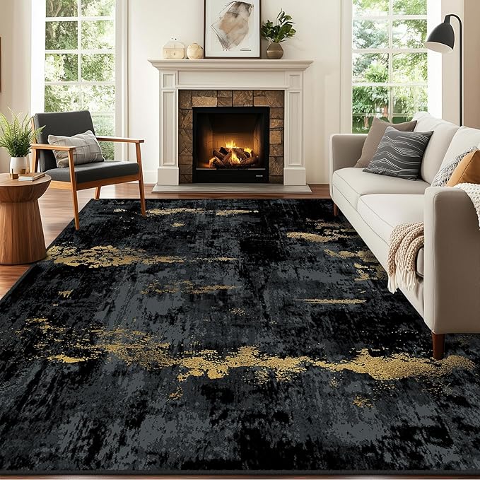 Washable Area Rugs 5'x8' Non-Slip Modern Abstract Soft for Living Room Entryway Bedroom Nursery, Print Pattern, Dark Black Gold