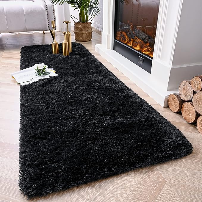 Chicrug Soft Runner Rug for Bedroom Living Room Plush Fluffy Rug 2x8 Feet, Shag Furry Runner Rug Carpet Non Shedding for Nursery Children Kids Girls Room Home Decorative, Black