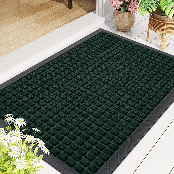 Smiry Front Door Mat Outside Entrance, Heavy Duty Natural Rubber Doormat, Non Slip, Trap Dirt and Moisture, Easy Clean, Low Profile Welcome Floor Mats for Indoor Outdoor Entry, 59x34 Inch, Black Green