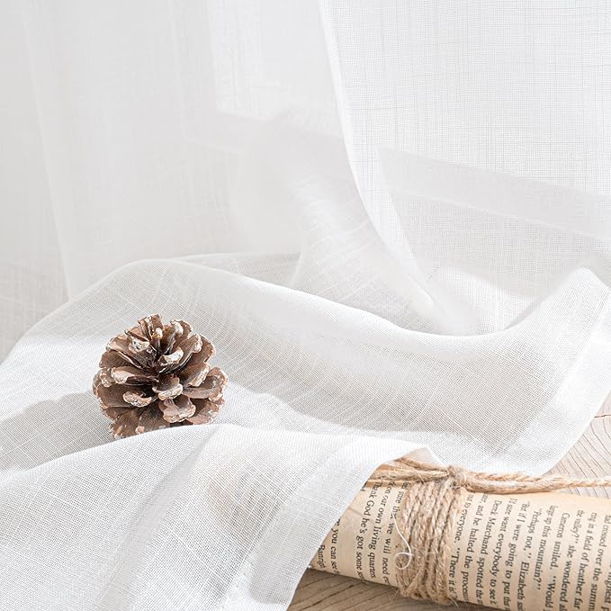 BGment 72 Inch Length White Linen Curtains for Living Room - Rod Pocket Semi Sheer Drapes Light Filtering Window Treatments for Bedroom Dining Lightweight Rustic, 2 Panels Set, 52 X 72 Inch