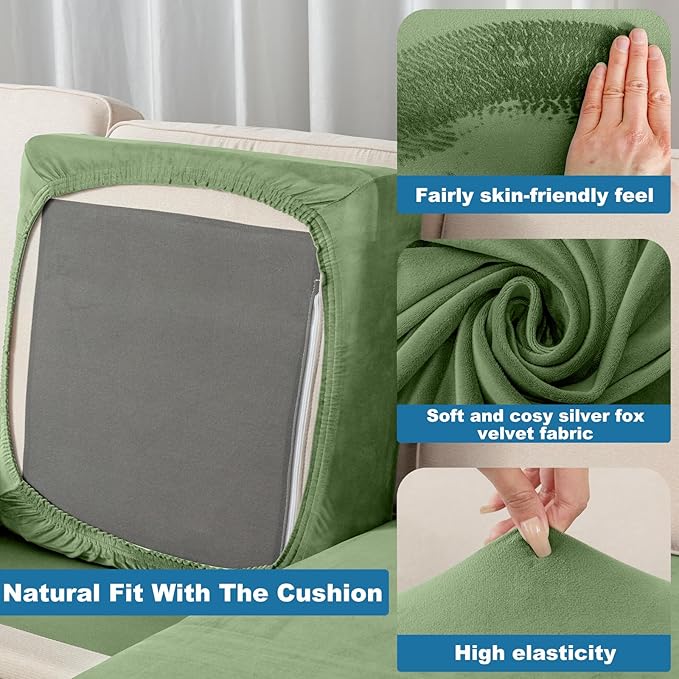 Couch Cover 8-Piece Elastic Velvet Couch Cushion Covers & Chaise Slipcovers for L-Shaped Sofas, Sofa Seat Covers Washable, Soft Cover for Couches (7 Seater + Chaise, Avocado Green)