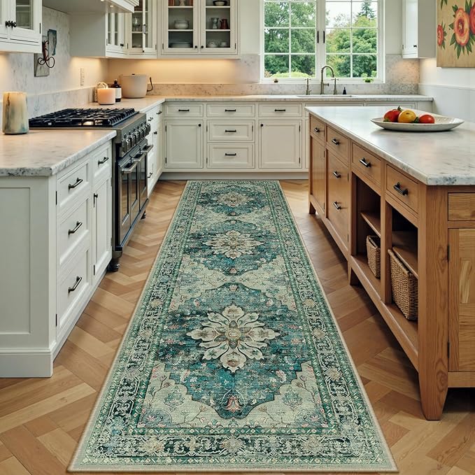 RELEANY Area Rugs 2'x7' Runner Rug Non Slip Washable for Kitchen Hallway Bedroom Beside Laundry Room Bathroom Rug, Floor Carpet, Dark Blue Vintage
