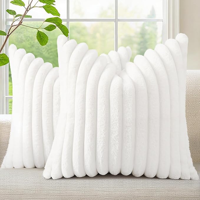 decorUhome Summer Cozy Faux Fur Throw Pillow Covers 20x20 Set of 2 Decorative Soft Plush Striped Modern Farmhouse Boho Couch Pillow Cases with Velvet Back for Sofa Bed Living Room, White