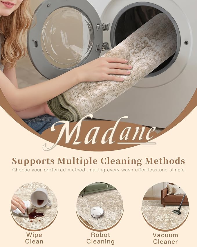 Madane Washable Runner Rug 2x6, Kitchen Hallway Runner Rug with Non-Slip Rubber Backing, Vintage Soft Low Pile Carpet Runner for Entryway Laundry Bathroom Bedroom Living Room (2 x 6, Beige/Brown)