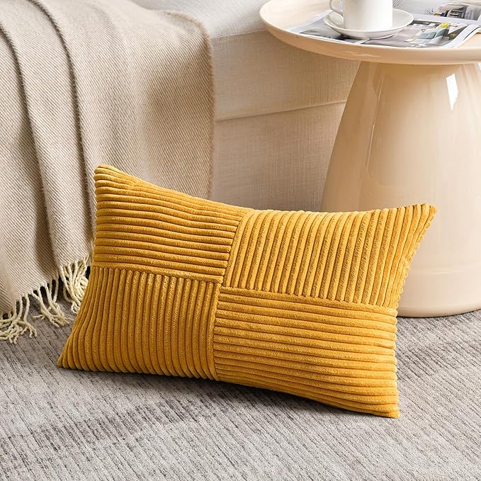 Fancy Homi 2 Packs Gold Yellow Lumbar Decorative Throw Pillow Covers 16x26 Inch for Living Room Couch Bed, Rustic Farmhouse Boho Home Decor, Soft Striped Corduroy Rectangle Accent Cushion Case