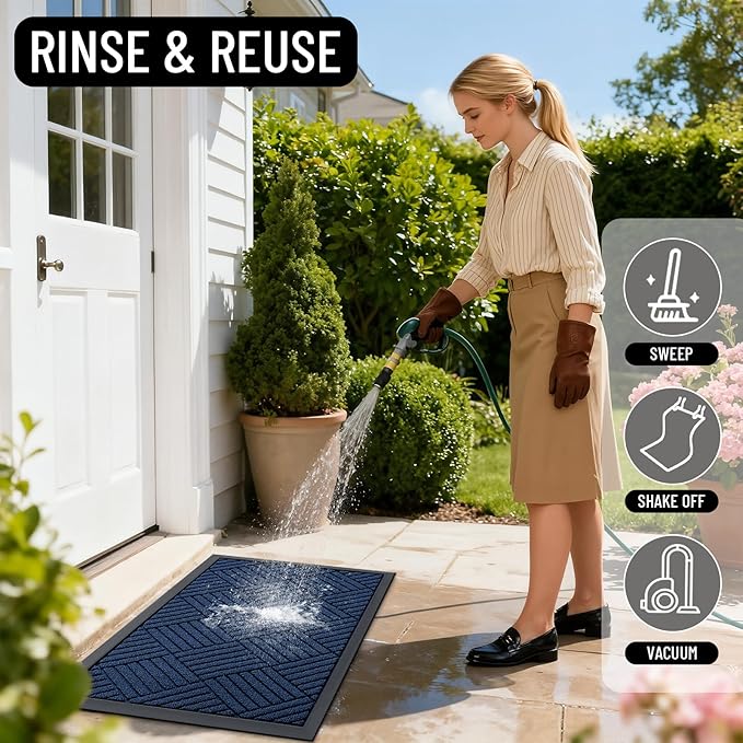 OLANLY Front Door Mat Outside Entrance 47x32, Absorbent, Heavy Duty Sturdy Natural Rubber Doormat Indoor Outdoor, Stain Fade Resistant, Non-Slip Low Profile Floor Mat for Entryway, Navy Blue Diamond