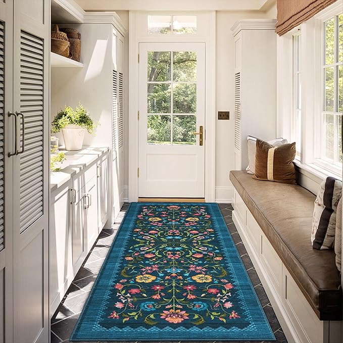 GarveeHome Floral Rug 2.5x8 Runners for Hallways, Boho Kitchen Runner Rugs Non Slip Bath Runners, Vintage Washable Runner Rug for Bedroom, Soft Long Rugs for Entryway Bathroom Laundry Dorm, Blue