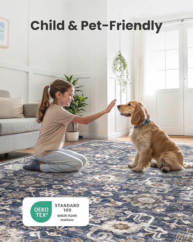 AMADA HOMEFURNISHING 9x12 Washable Area Rug, Low-Profile Large Area Rug with Non-Slip Backing & Durable Edge Binding, Vintage Large Rugs for Living Room, Bedroom & Dining Room