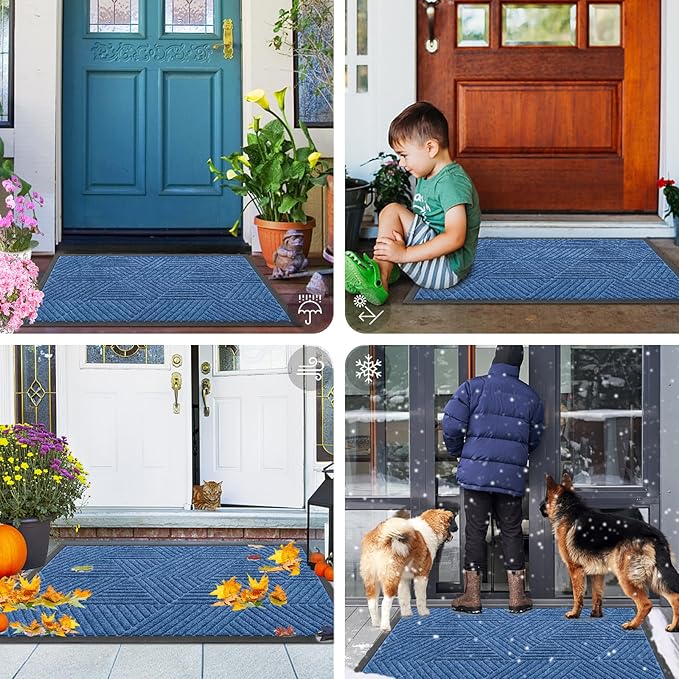 Smiry Front Door Mat Outside Entrance, Heavy Duty Sturdy Natural Rubber Doormat, Trap Dirt and Moisture, Easy Clean Low Profile Mats for Indoor Outdoor Entry, Irregular Triangle (71x47, Blue)