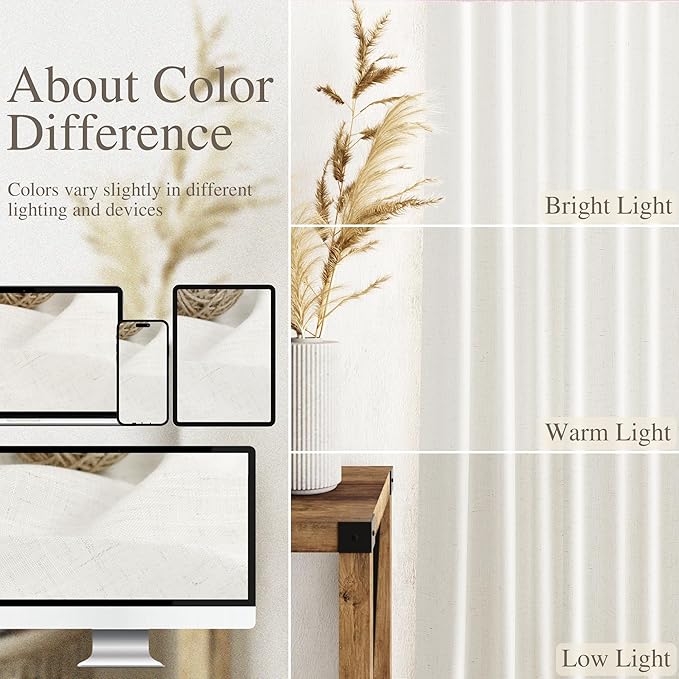 Nanspring Neutral Linen Curtains 108 Inches Long for Living Room Linen Sheer Curtain Back Tab Coastal Modern Farmhouse Floor to Ceiling Drapes for Bedroom Office High Window 52x108, 2 Panels