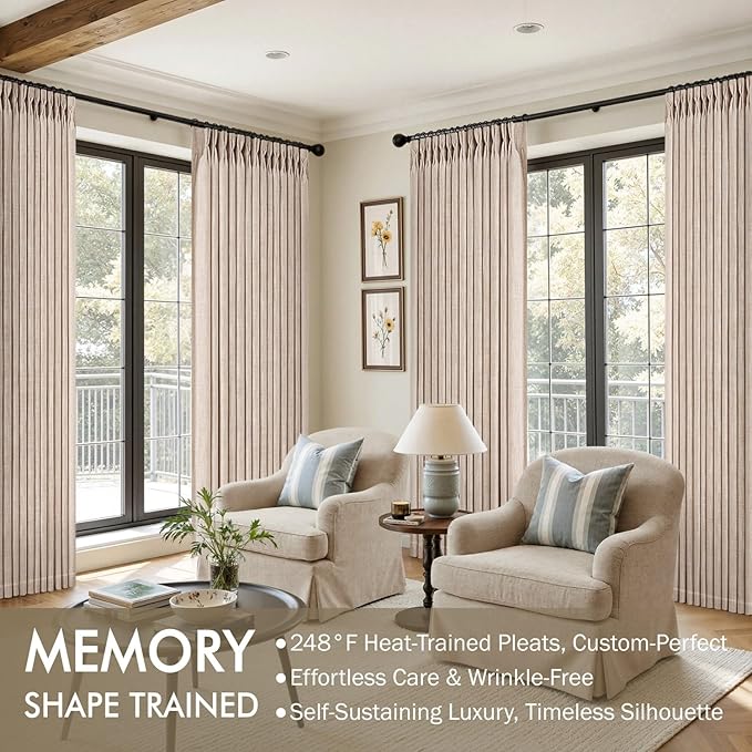 MIULEE Pinch Pleated Thick Linen Curtains 96 Inches Long 2 Panels for Living Room Bedroom, Memory Trained Pleat Drapes Light Filtering Sand Beige Semi Sheer Window Curtains Hooks Rings Back Tab