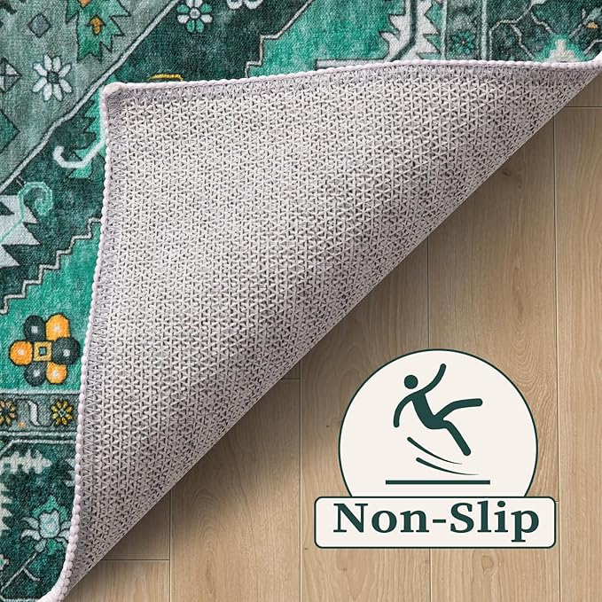 SERISSA Area Rug 3x5 Boho Teal Rugs for Bedroom, Washable Kitchen Rugs Non-Slip, Ultra Soft Print Distressed Tribal Entry Rug Low-Pile Throw Rug Carpet for Bedroom Nursery Living Room Dorm Decor