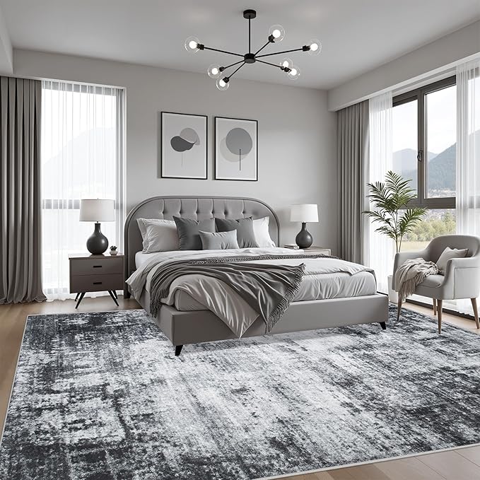 8x10 Area Rug Living Room Rug: Washable Modern Abstract Soft Thin Rug Indoor Floor No Slip Stain Resistant Carpet for Bedroom Dining Room Farmhouse Nursery Home Office - Dark Black