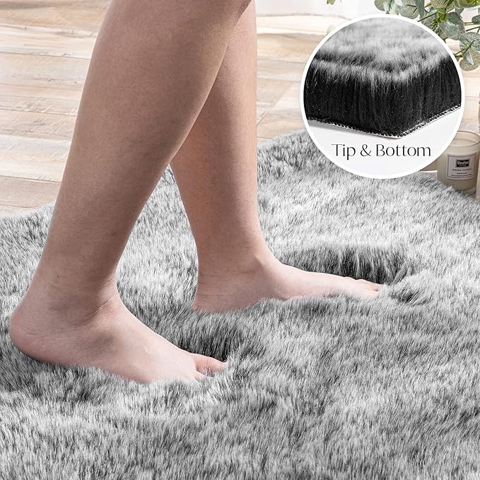 Ashler HOME DECO Soft Fox Faux Fur Chair Couch Cover Area Rug for Bedroom Floor Sofa Living Room Black White 3 x 3 Feet Round