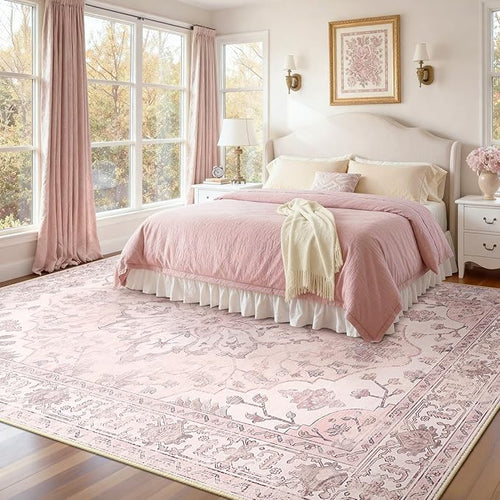 Area Rugs 10'x12' Washable Non-Slip, Floral Vintage Distress Print Pattern Medallion Carpet for Living Room Bedroom Dining Room, Pink Greypink Cute