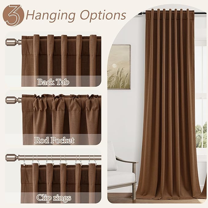 Guken 100% Blackout Linen Curtains 80 Inch Length 2 Panels Set for Living Room Bedroom Back Tab Thermal Insulated Black Out Linen Drapes Room Darkening Window Curtains,Caramel Brown
