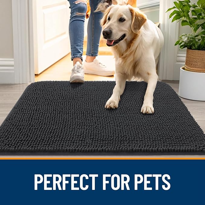 OLANLY Dog Door Mat for Muddy Paws 47x20, Absorbs Moisture and Dirt, Absorbent Non-Slip Washable Doormat, Quick Dry Chenille Mud Mat for Dogs, Entry Indoor Entryway Carpet for Inside Floor, Dark Grey