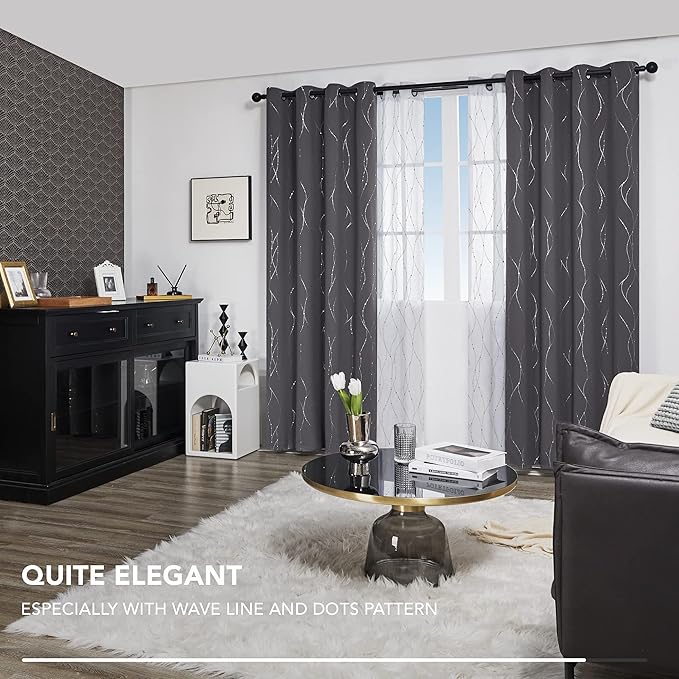 Deconovo Grey Blackout Curtains for Living Room, Thermal Insulated Soundproof Drapes, Wave Dots Foil Print, 52 x 72 Inches Long, 2 Panels, Machine‑Washable Window Panel for Bedroom Nursery Office