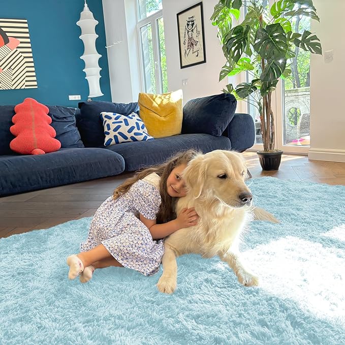 OLANLY 5x7 Machine Washable Large Area Rugs for Living Room, Bedroom, Soft Fluffy Shaggy Bedside Rug, Indoor Floor Carpet for Kids Girls and Boys, Dorms, Nursery, Home Decor Aesthetic, Light Bluey