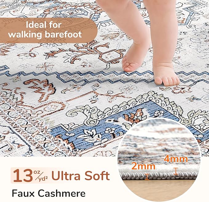 OPPODREAM Soft Neutral Area Rugs 4x6, Low-Pile Washable Rugs 4x6 with Non Slip Backing, Faux Cashmere 4 x 6 Throw Carpet, Cream White & Blue & Light Brown