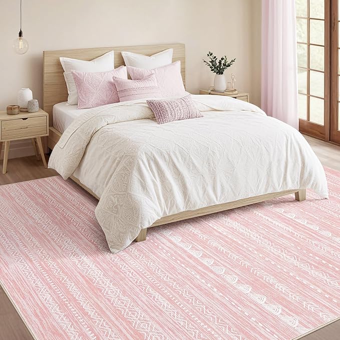 Nakagishi Pink Rugs for Bedroom Girls: 5x7 Washable Boho Large Neutral Area Rug Cute Soft Modern Indoor Floor Non Slip Accent Carpet for Living Room Nursery Kids Playroom Dorm Preppy Baby Room Decor