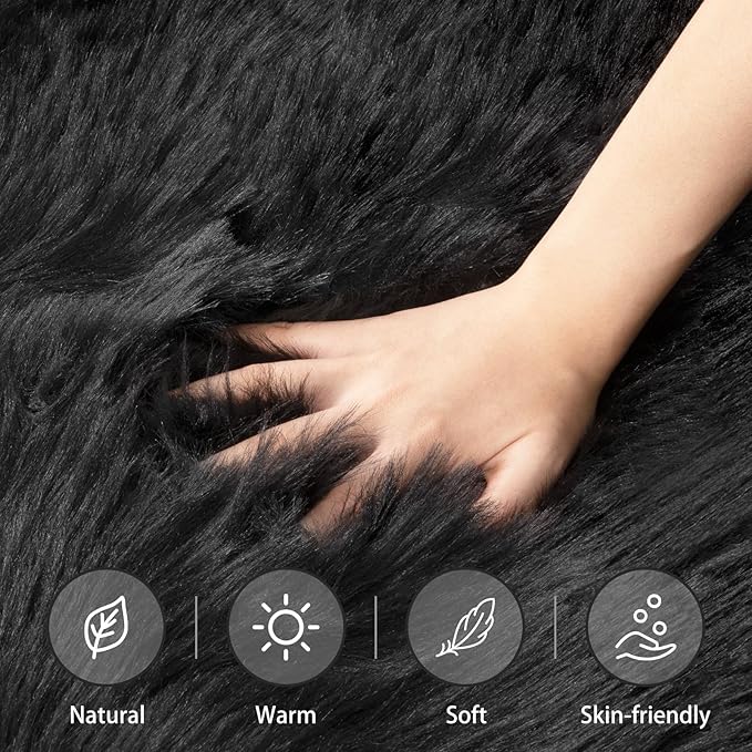 Ciicool Round Fur Fluffy Area Rug for BedroomRound Fur Fluffy Area Rug for Bedroom, Black Faux Fur Rugs Furry Circle Rug
