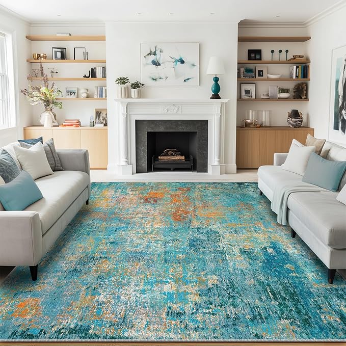 Washable Area Rugs 6'x8' Non-Slip Modern Abstract Soft for Living Room Entryway Bedroom Nursery, Print Pattern, Teal Blue Green Orange Rust Red Colorful