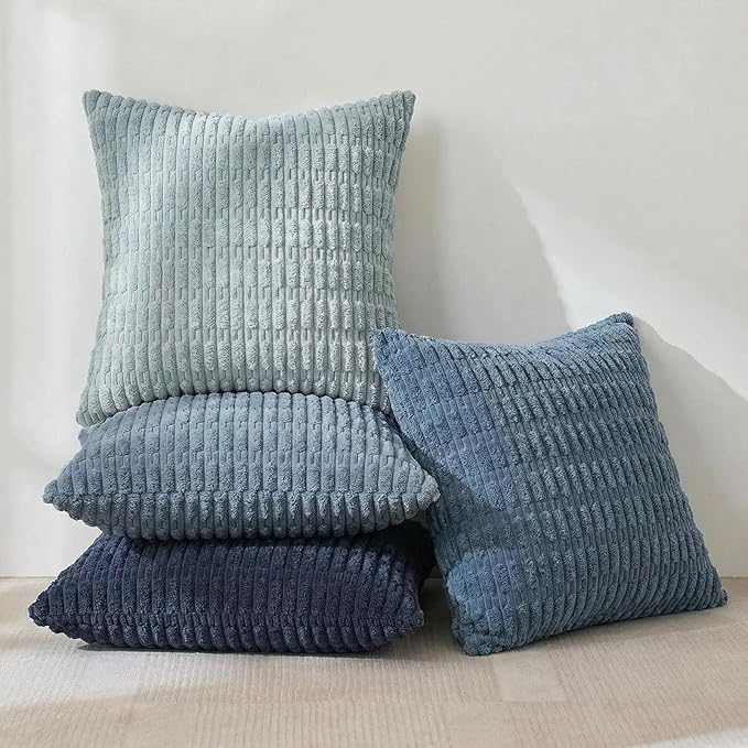 Fancy Homi Set of 4 Blue Decorative Throw Pillow Covers 12x12 Inch for Couch Bed Chair, Modern Farmhouse Boho Room Decor, Soft Fuzzy Corduroy Textured Striped Coastal Blue Cushion Case 30cm