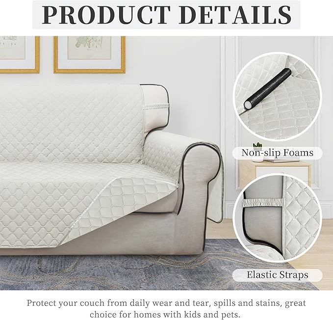 ISSUNTEX Double Protection 100% Waterproof Sofa Covers for Living Room, Couch Covers for 3 Cushion Couch Sofa, Reversible Furniture Protector Sofa Cover for Dogs, Pets, Kids (Sofa, Ivory/Ivory)