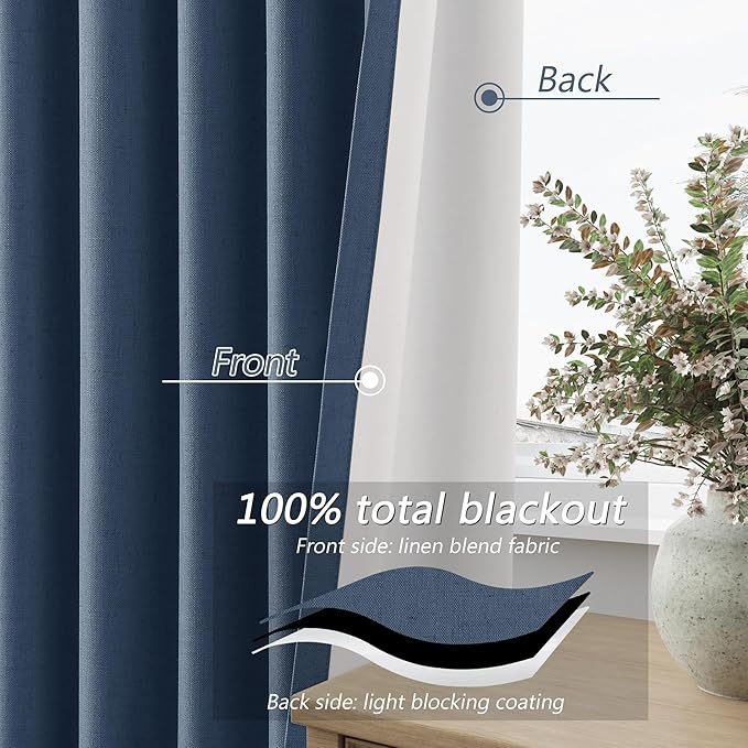 Guken 100% Blackout Curtains 102 Inch Length 2 Panels Set for Living Room Bedroom Back Tab Thermal Insulated Black Out Linen Drapes Room Darkening Window Curtains 102 Inches Long,Denim Blue