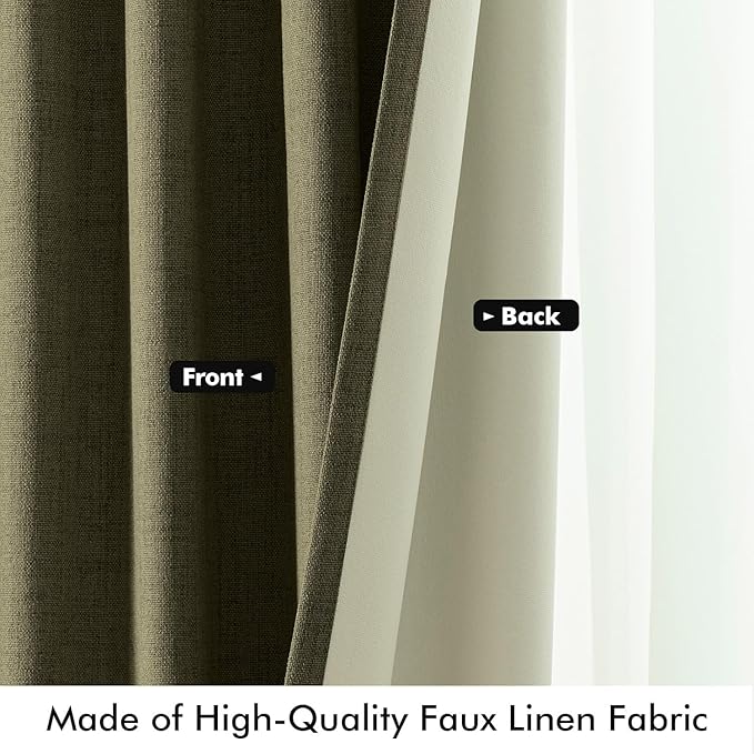 MIULEE 100% Blackout Linen Curtains for Bedroom, Light Olive Green Solid Luxury Decor Thermal Insulation Room Darkening Drapes for Living Room Nursery Back Tab Rod Pocket 42 x 84 Inches, 2 Panels