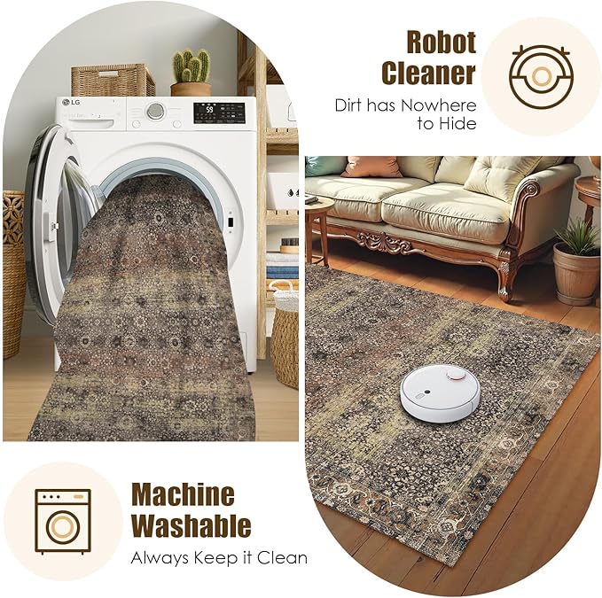 Washable Area Rug 5' x 7' Vintage Traditional Persian Mat - Foldable Distressed Non-Slip Machine Washable Carpet for Living Room Bedroom Kitchen Home Decor - Umber and Slate