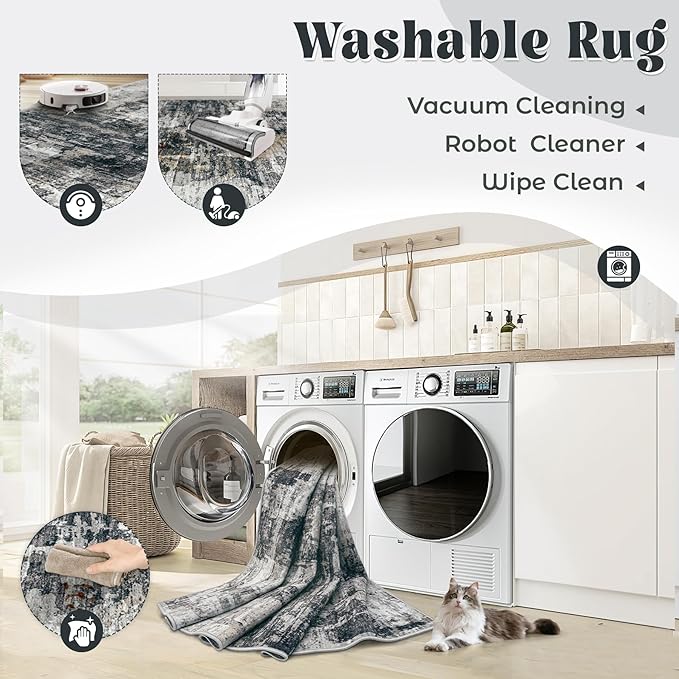 XLUEZ 2x8 Runner Rug for Hallway, Washable Modern Abstract Runner Rugs Neutral Soft Non Slip Kids Rug Stain Resistant Indoor Runners for Entryway Bedroom Kitchen Laundry Room(BlackGrey, 2'x8')
