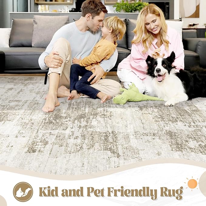 XLUEZ 9x12 Area Rug for Living Room, Washable Modern Abstract Large Area Rug Neutral Soft Non Slip Kids Rug Stain Resistant Indoor Carpet for Bedroom Dining Room Playroom Office(BeigeBrown, 9'x12')