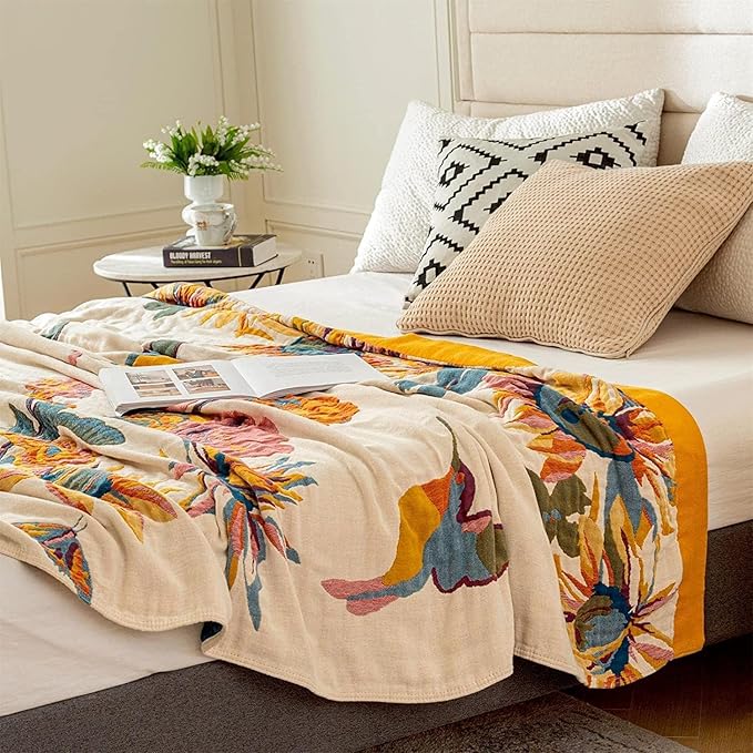 MSGKV 100% Cotton Throw Blanket for Bed Couch Fall 90''x 98'' Super Soft Muslin Blankets Warm Boho Quilt Lightweight Farmhouse Decorative Bed Blankets